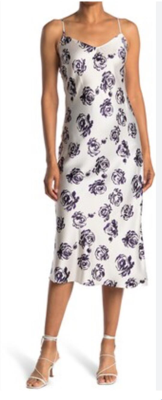 Club Monaco Satin Slip Midi Dress White Plum Rose Print 4